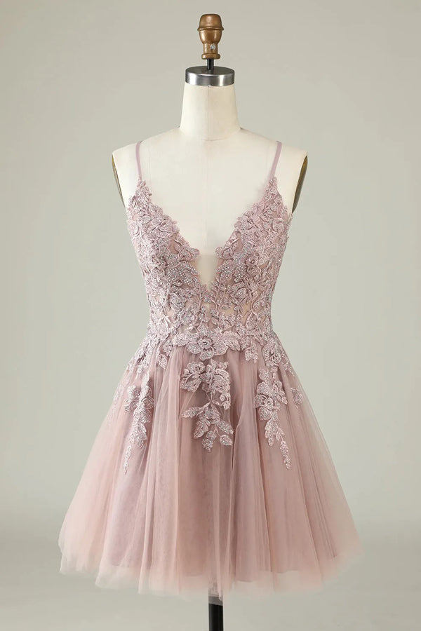 Vestido de fiesta corto de tul con tirantes finos, corte A, color gris y azul, PD527