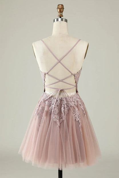 A Line Spaghetti Straps Tulle Short Grey Blue Homecoming Dress PD527