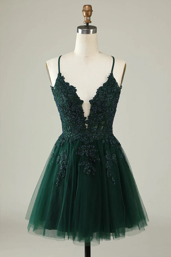 A-Linie Spaghettiträger Tüll Kurzes Grau Blaues Homecoming-Kleid PD527
