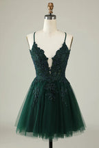 A-Linie Spaghettiträger Tüll Kurzes Grau Blaues Homecoming-Kleid PD527