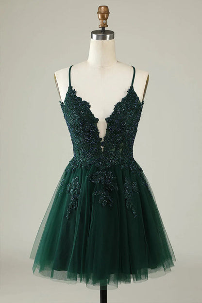 A Line Spaghetti Straps Tulle Short Grey Blue Homecoming Dress PD527