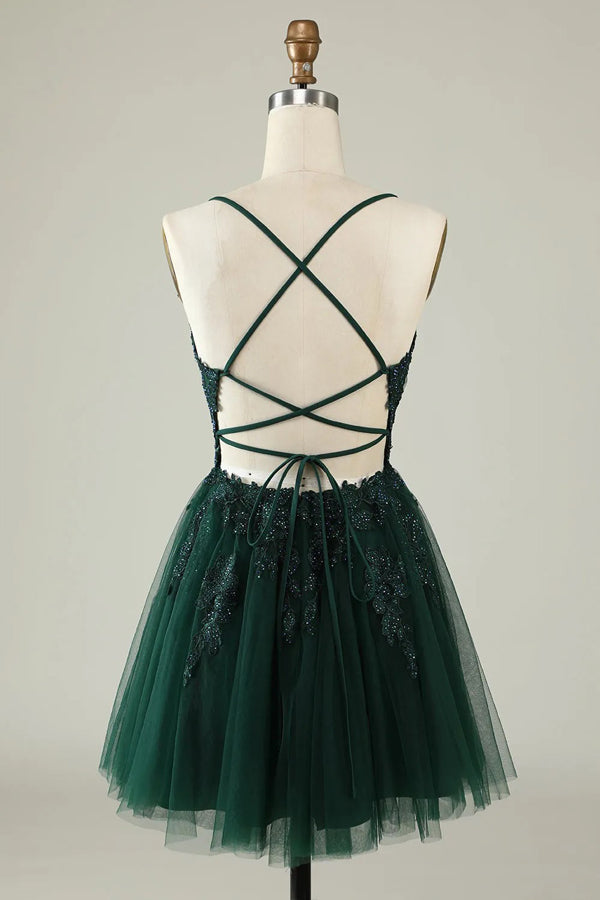A Line Spaghetti Straps Tulle Short Grey Blue Homecoming Dress PD527