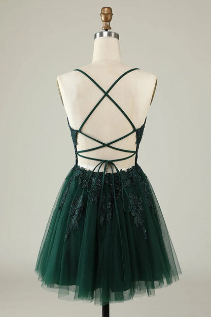 A Line Spaghetti Straps Tulle Short Grey Blue Homecoming Dress PD527