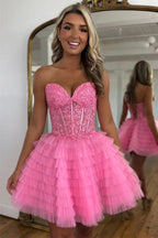 A-Linie trägerloses rosa Tüll-Heimkehrkleid mit Perlenbesatz PD572