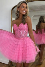 A-Linie trägerloses rosa Tüll-Heimkehrkleid mit Perlenbesatz PD572