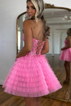 A-Linie trägerloses rosa Tüll-Heimkehrkleid mit Perlenbesatz PD572
