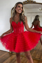 A-Linie trägerloses rosa Tüll-Heimkehrkleid mit Perlenbesatz PD572