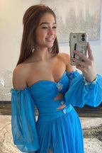 A-Linie Herzausschnitt Blau Langes Chiffon Ballkleid mit Schlitz PSK524