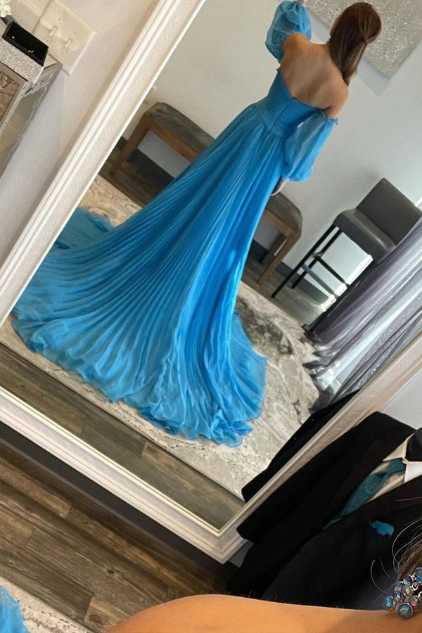 Robe de bal longue en mousseline de soie bleue à décolleté en cœur avec fente PSK524