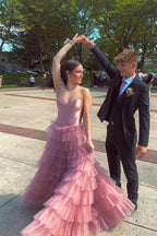 A-Linie Herzausschnitt Lagen Tüll Rosa Langes Ballkleid PSK600
