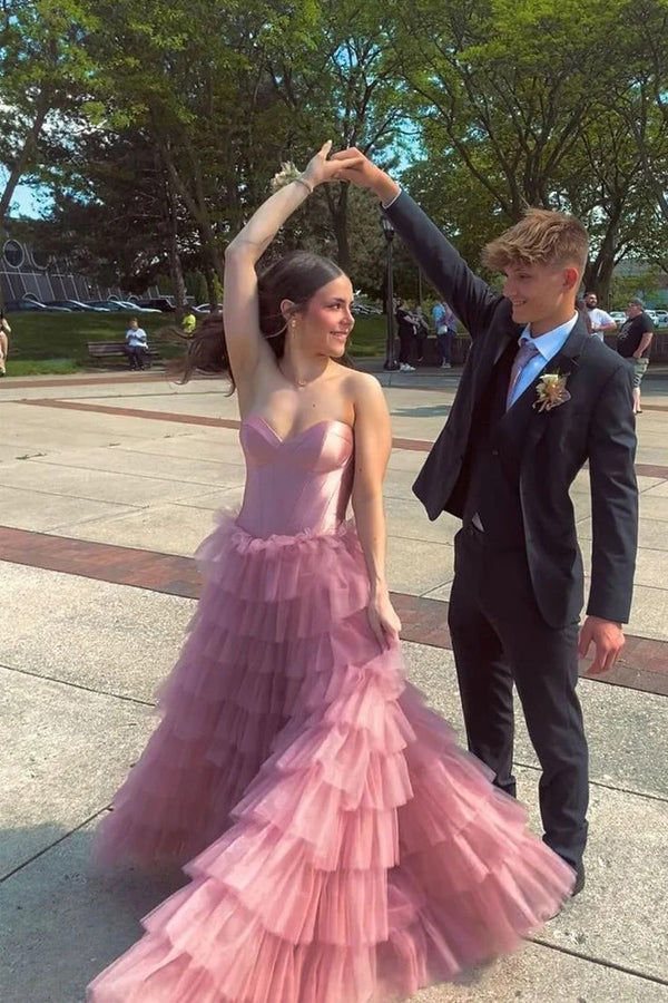 A Line Sweetheart Layered Tulle Rose Pink Long Prom Dress