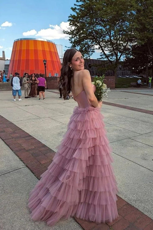A Line Sweetheart Layered Tulle Rose Pink Long Prom Dress