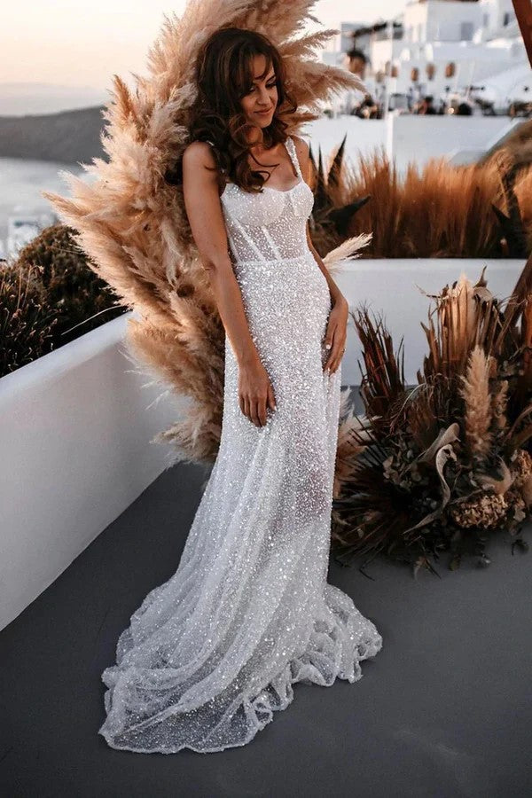 A Line Sweetheart Sparkly Sequins Beach Wedding Dress WD739