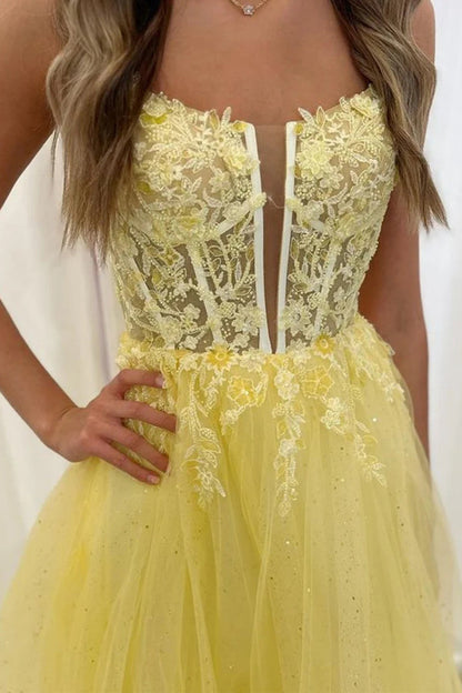 Robe de bal longue en dentelle jaune à dos nu et col en V PSK552