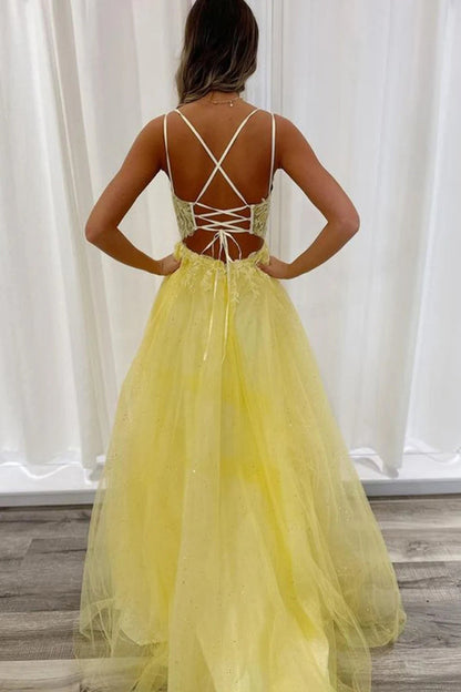 Robe de bal longue en dentelle jaune à dos nu et col en V PSK552