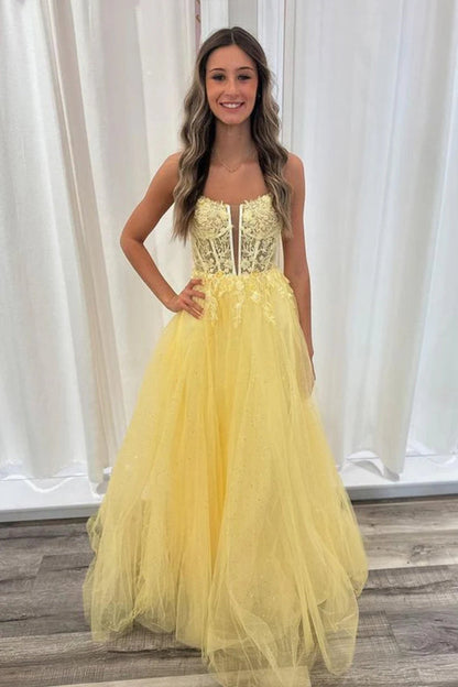 Robe de bal longue en dentelle jaune à dos nu et col en V PSK552