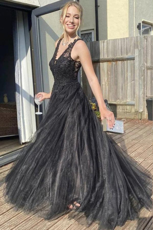 A-Linie V-Ausschnitt Schwarzes Tüll-Ballkleid Schwarzes Abendkleid PSK370
