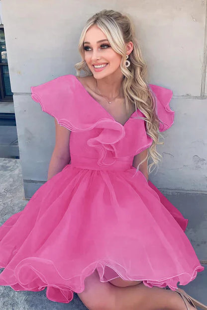 A Line V Neck Organza Ruffles Homecoming Dress SYH105