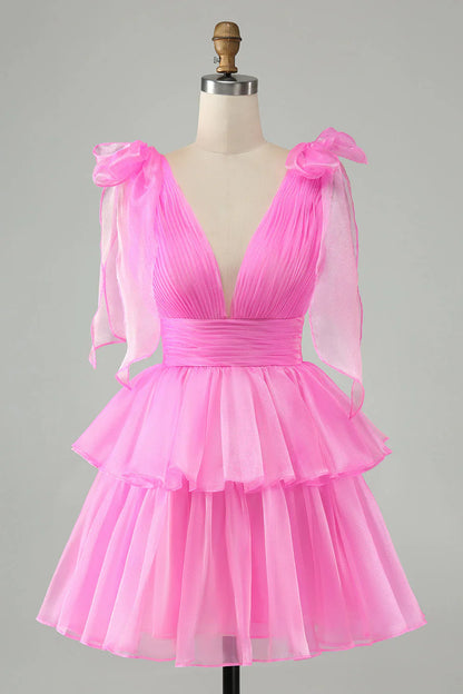 V Neck Pleated Tiered Short Homecoming Dress SYH109
