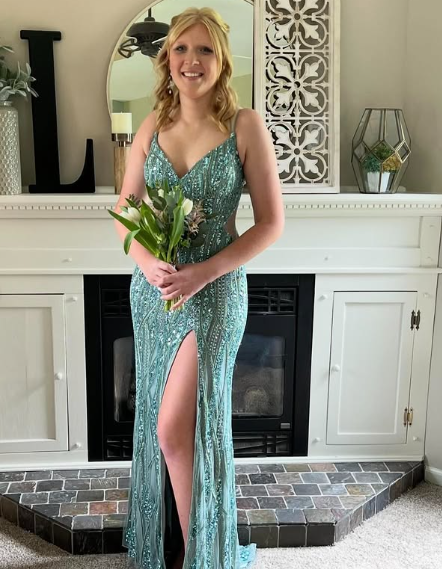 Wunderschönes grünes Spaghettiträger-Tüll-Pailletten-Abendkleid mit Schlitz, Ballkleid Y7919