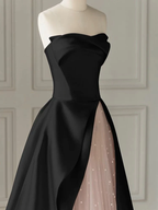 Vestido de noche negro sin tirantes con abertura alta y gasa - Vestido de novia gótico Y2386