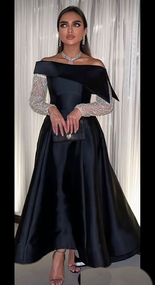 Vestido de noche negro de corte A con escote barco, cuentas, manga larga, largo hasta el suelo, satén, estilo Arabia Saudita, vestidos formales para bodas Y4630
