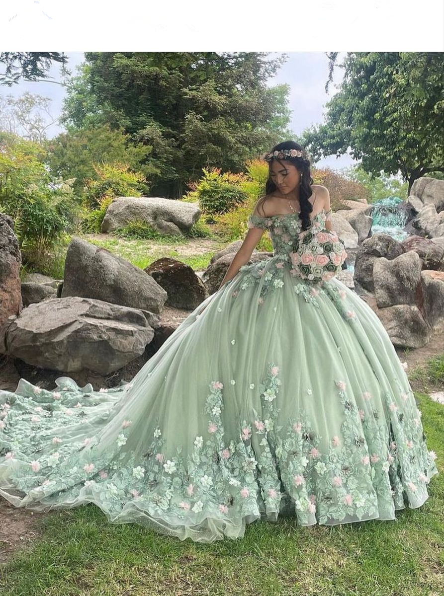 Luxus Grün Prinzessin Quinceanera Kleider Off Schulter 3D Blumen Appliques Ballkleid Y4147