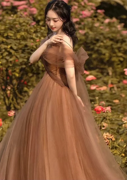 Schöne A-Linie Tüll Träger Lange Abendkleid Tüll Partykleider Abendkleider Y4643