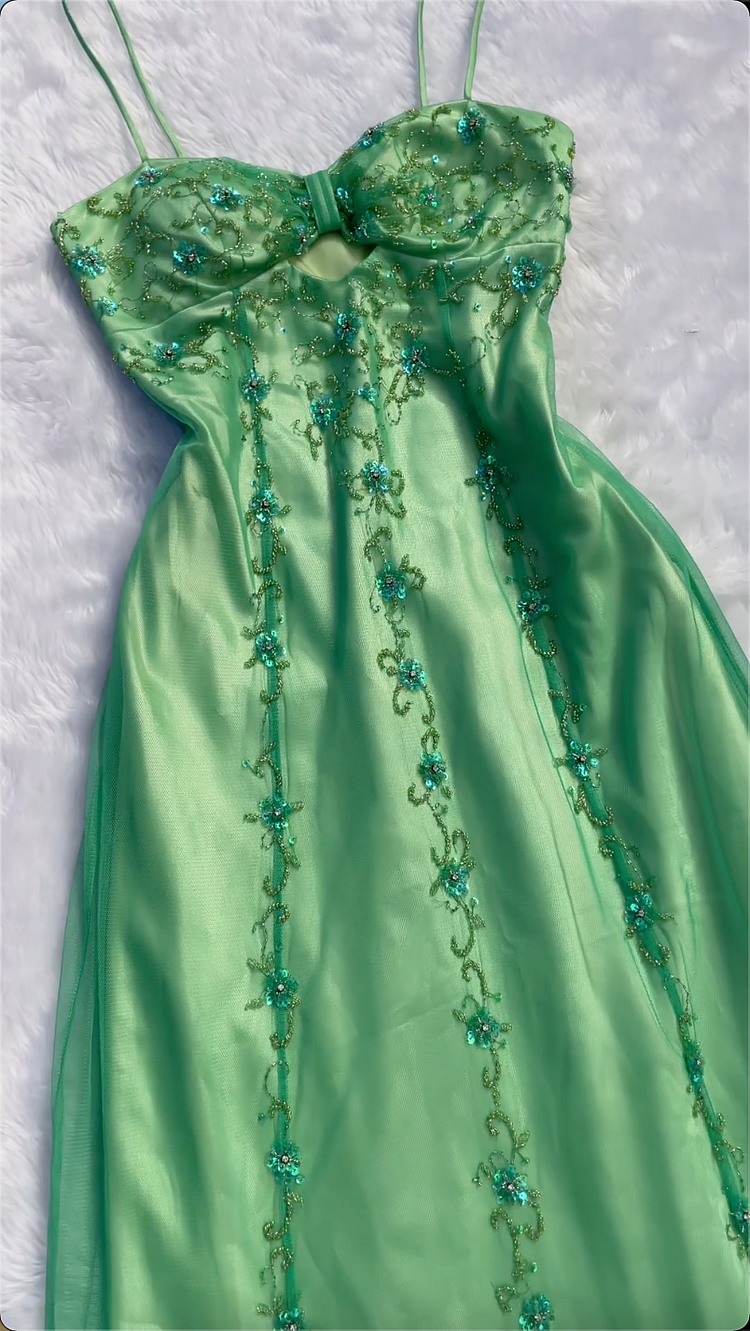 Elegantes grünes Tüll-Abendkleid mit Perlenbesatz, lang, Y8298