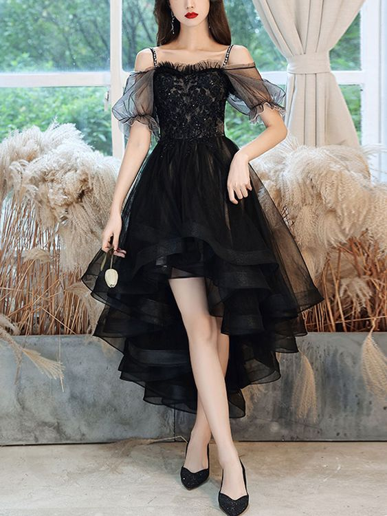 Schwarzes Sweetheart Tüll Spitze High Low Ballkleid, Schwarzes Homecoming Kleid Y5689