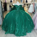 Vestido de quinceañera de tul con encaje y hombros descubiertos, vestido de baile con apliques verde oscuro Y4080