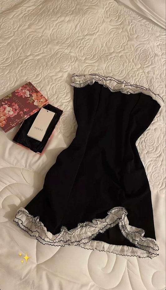 Vestido de fiesta negro con falda tubo y volantes blancos irregulares, vestido negro de regreso a casa Y2617