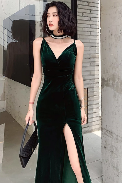 Vestidos de fiesta largos de terciopelo verde oscuro con escote en V, sencillos, vestidos de noche formales de terciopelo verde oscuro Y2926