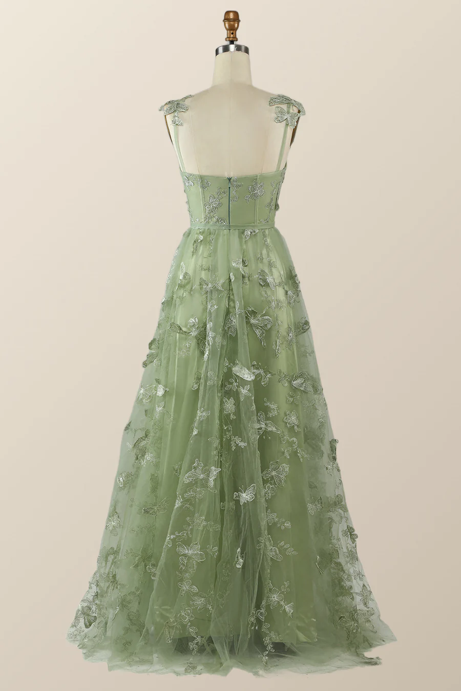 Vestido de noche largo formal de corte A con diseño de mariposa verde salvia Y2801