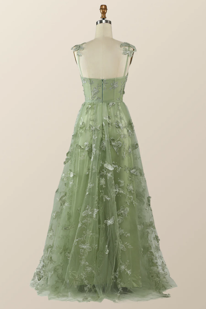 Salbeigrünes Schmetterlings-A-Linien-Abendkleid, lang, Abendkleid Y2801