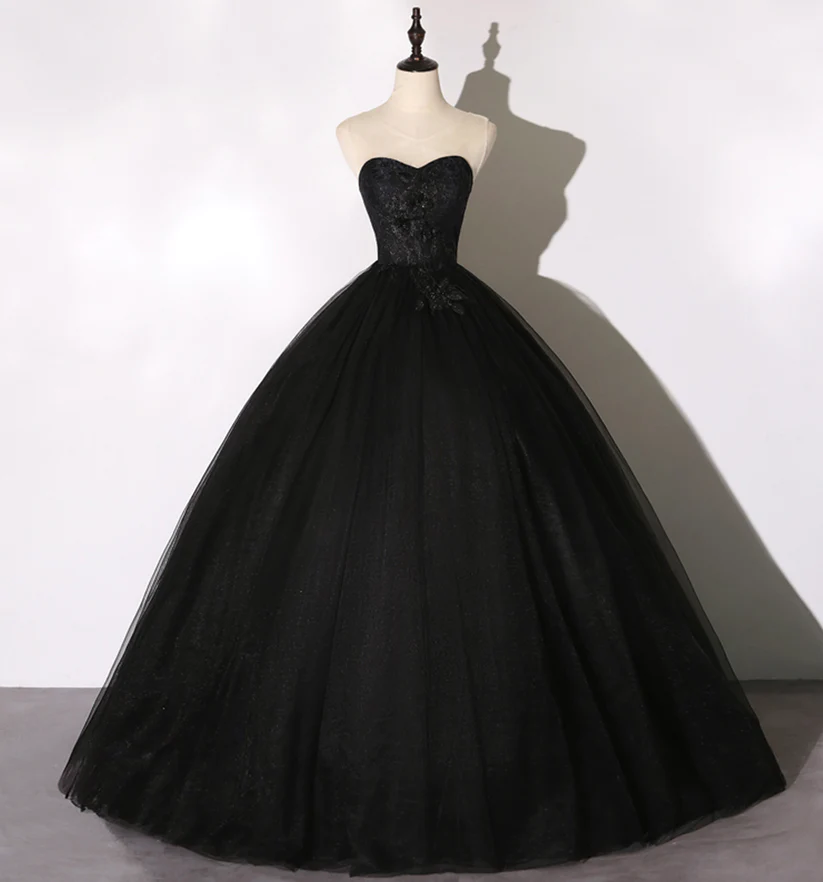 Vestido largo de encaje negro con corte A y corte formal Y1295