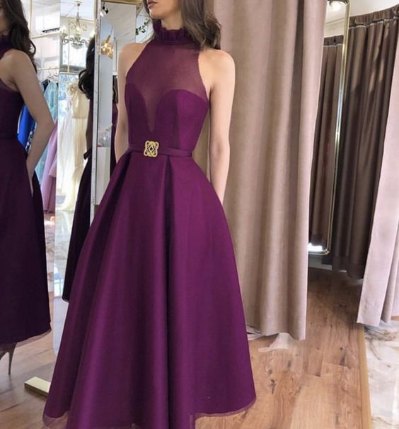 Lila A-Linie Ärmelloses Ballkleid Lila Stehkragen Abendkleid Y5859