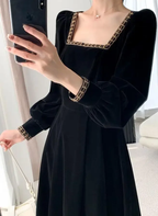 Samtkleid Damen Langarm Square Neck Elegant Bodycon Patchwork Mode Abendkleid Y6744