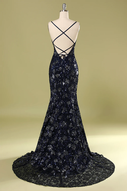 Marineblaues Abendkleid mit Perlen und Pailletten, schickes Ballkleid Y1832