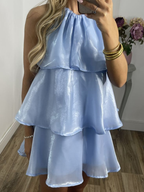 Vestido corto de fiesta con capas y cuello halter de organza azul sencillo, vestido de regreso a casa Y8089