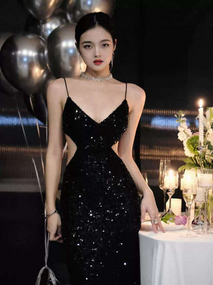 Black Sequins Sparkling Evening Dress,Sexy Backless Evening Gown Y1124