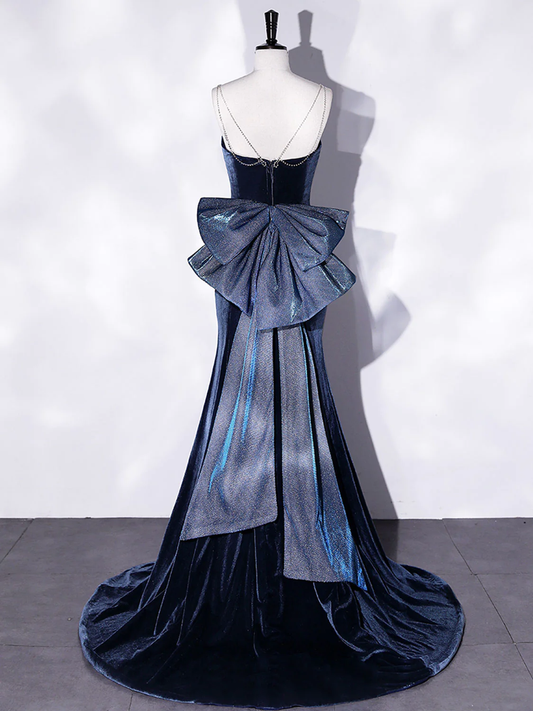Mermaid Velvet Blue Long Prom Dresses Blue Velvet Long Evening Dress Y4387