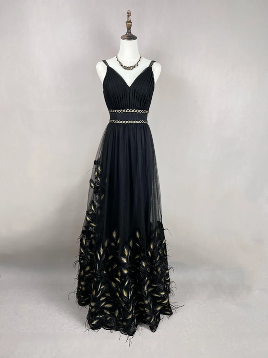 Hermoso vestido de fiesta de tul negro con plumas de seda doradas, corte A, vestido de noche formal Y8652