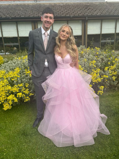 Glänzend rosa Tüll A-Linie Ballkleid Träger Abendkleid Y7932