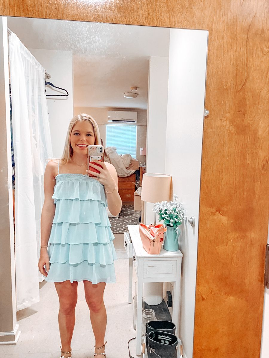 Vestido de fiesta azul de gasa con capas para regreso a casa, vestido de fiesta azul Y2299