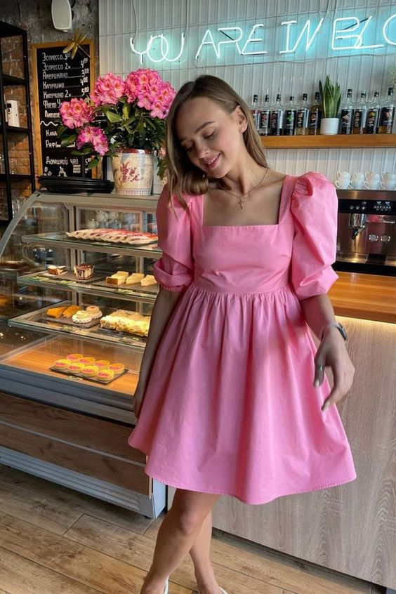 Pink A-line Square Neckline Party Dress Pink Puff Sleeves Homecoming Dress Y7174