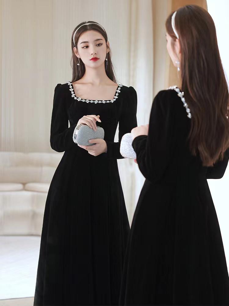 Schwarzes Abendkleid, High Sense Samt Langarm Abendkleid, maßgeschneiderte Y2934