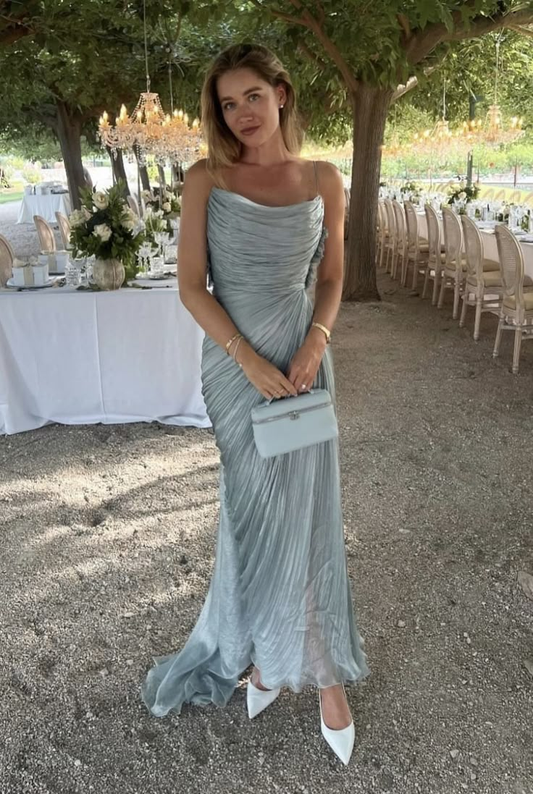 Vestido de noche plisado de tul azul con tirantes finos, elegante vestido de fiesta Y8195