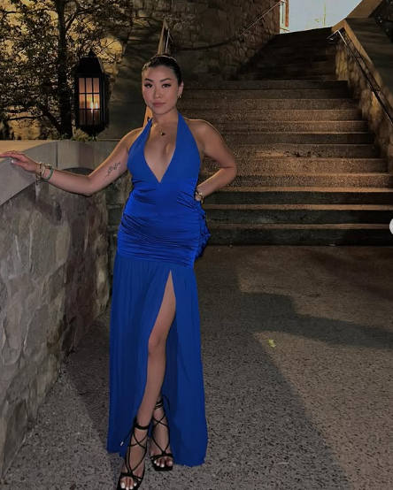 Vestido de noche de satén azul con escote halter y abertura, vestido formal de fiesta Y7863