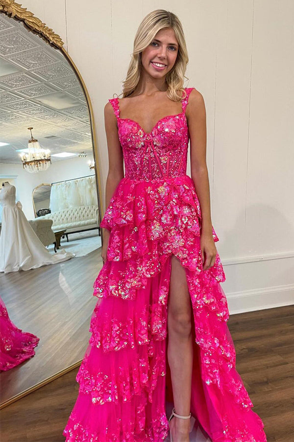Impresionante vestido de fiesta de noche con encaje en capas y abertura en la espalda PSK456